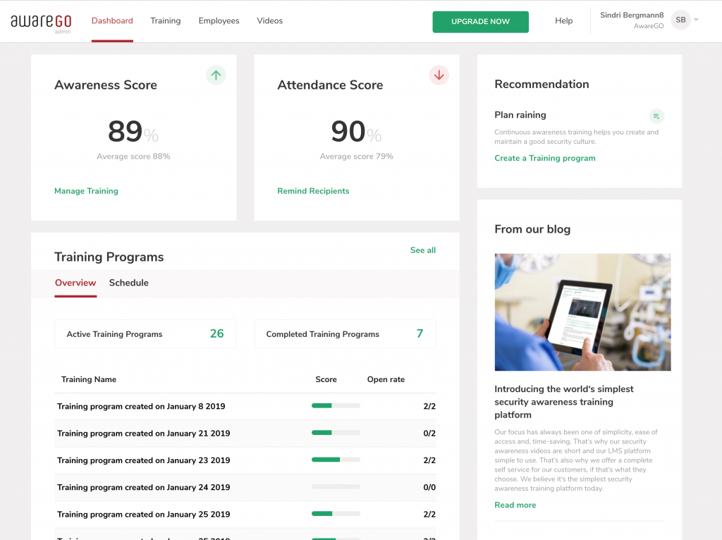 Screenshot from AwareGO security awareness training LMS platform showing training statistics
