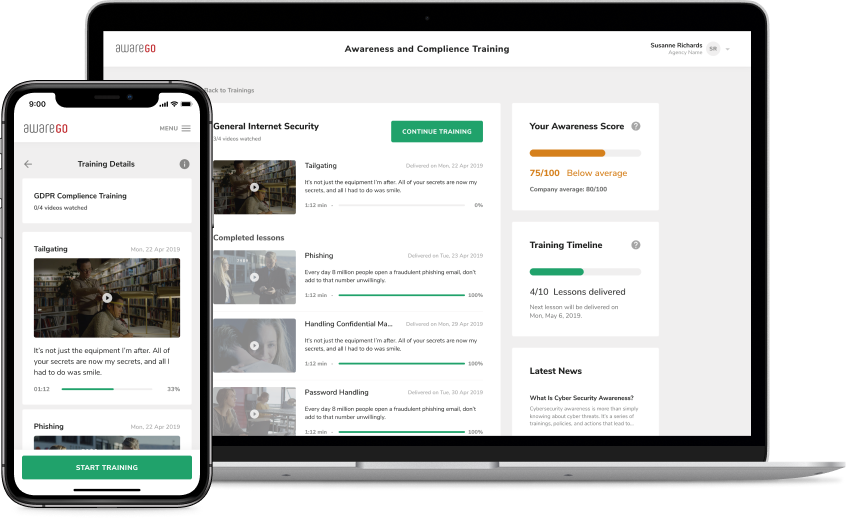 Screenshots from AwareGO's platform showing how to select a security awareness video for training