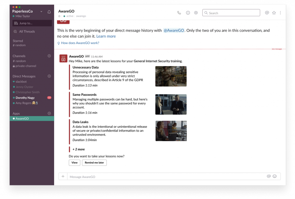 Screenshot showing AwareGO's cyber security awareness training through Slack