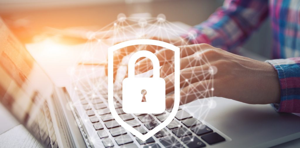 Computer locked with strong password indicated by a lock and shield.