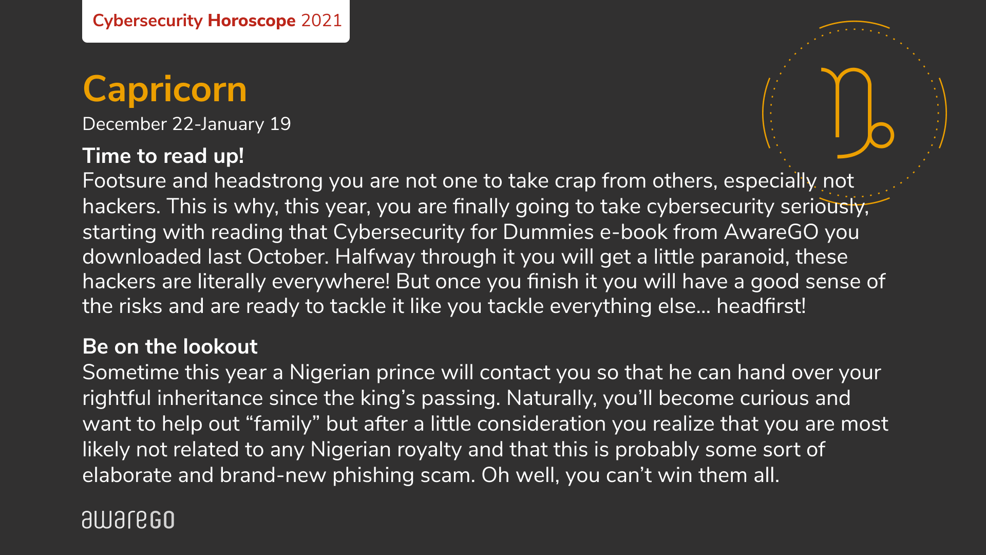 Capricorn Cybersecurity Horoscope 2021 by AwareGO