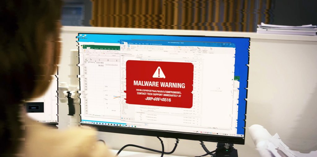 Distorted image of computer screen showing red malware warning. Still from video about ransomware threat which is considerate according to AwareGO cybersecurity analysis for 2022.