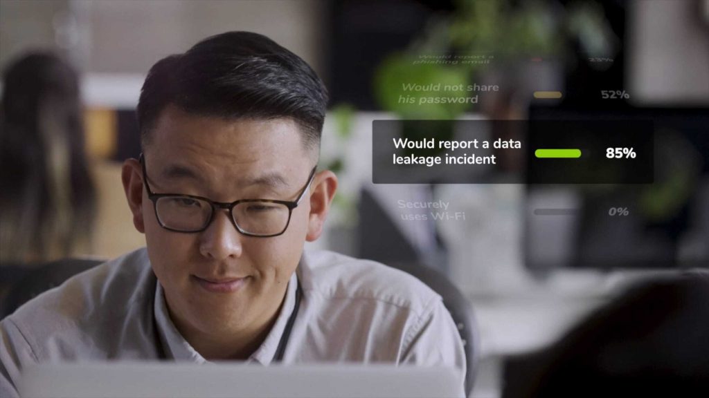Still from Human risk assessment showing Asian male in front of computer. On top of picture is the result from his human risk assessment regarding data leakage. AwareGO expert analysis recommends assessing employee knowledge and behavior in this way.